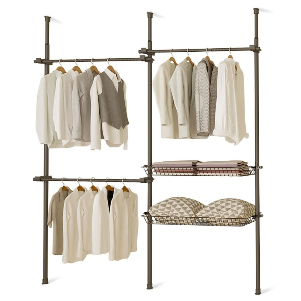 Double Black With Baskets Telescopic Wardrobe Organiser Hanging Rail Clothes Rack Adjustable Storage Shelving