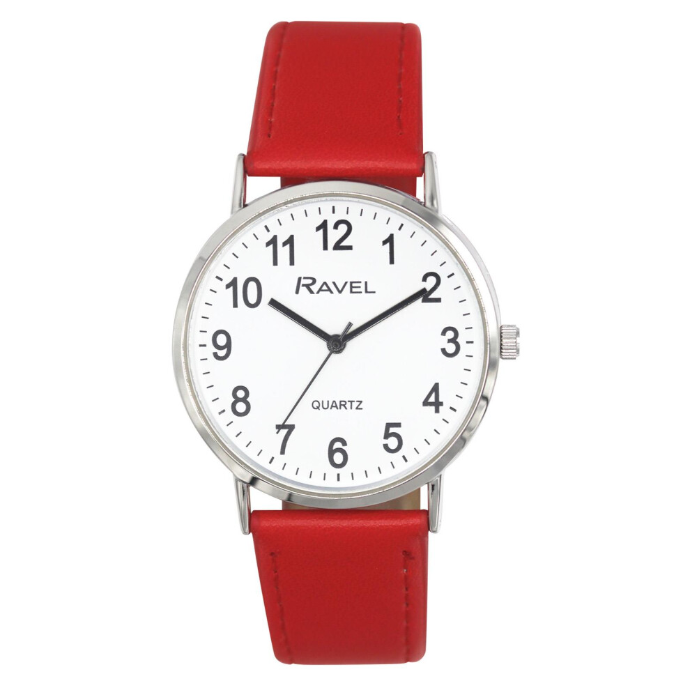 Ravel Ladies Classic Big White Dial Red Leather Strap Watch R0129.27.1 White,Red