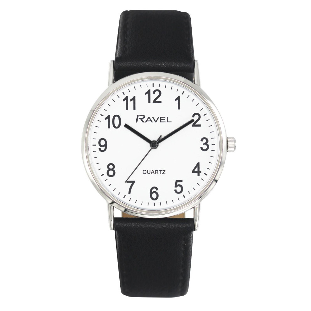 Ravel Mens Classic Big White Dial Black Leather Strap Watch R0129.20.1 White,Black