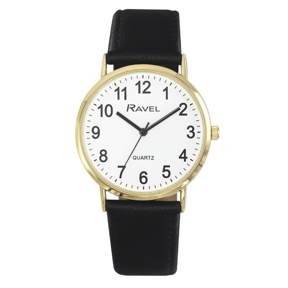 Ravel Mens Classic Big White Dial Black Leather Strap Watch R0129.25.1 White,Black