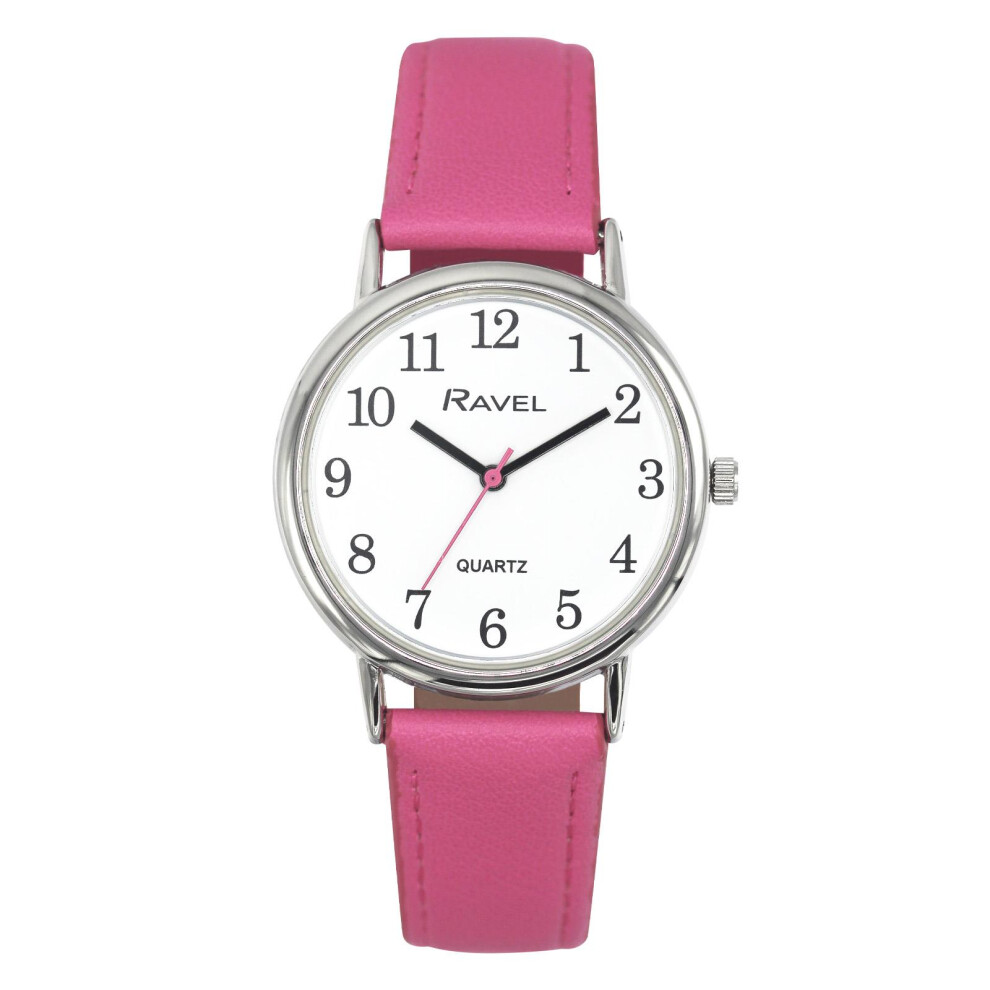 Ravel Ladies Classic Big White Dial Pink Leather Strap Watch R0140.15.1 Pink,White