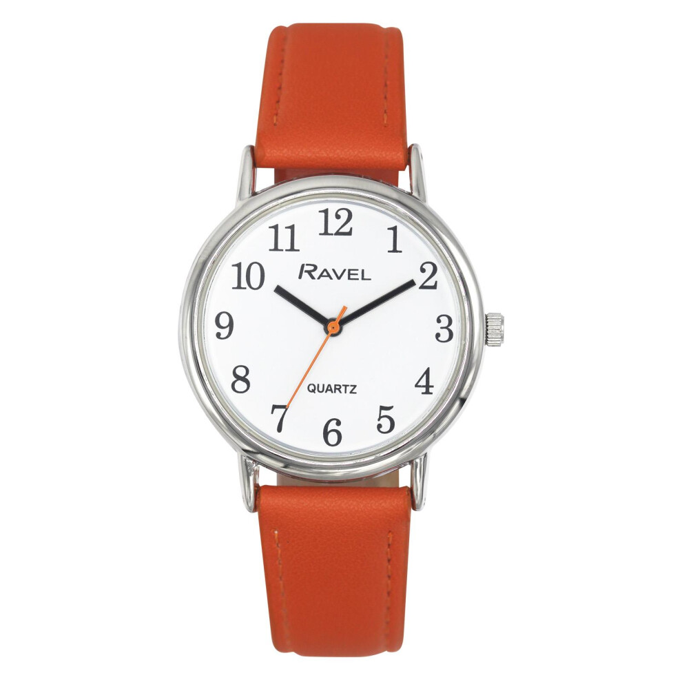 Ravel Ladies Classic Big White Dial Orange Leather Strap Watch R0140.18.1 White,Orange