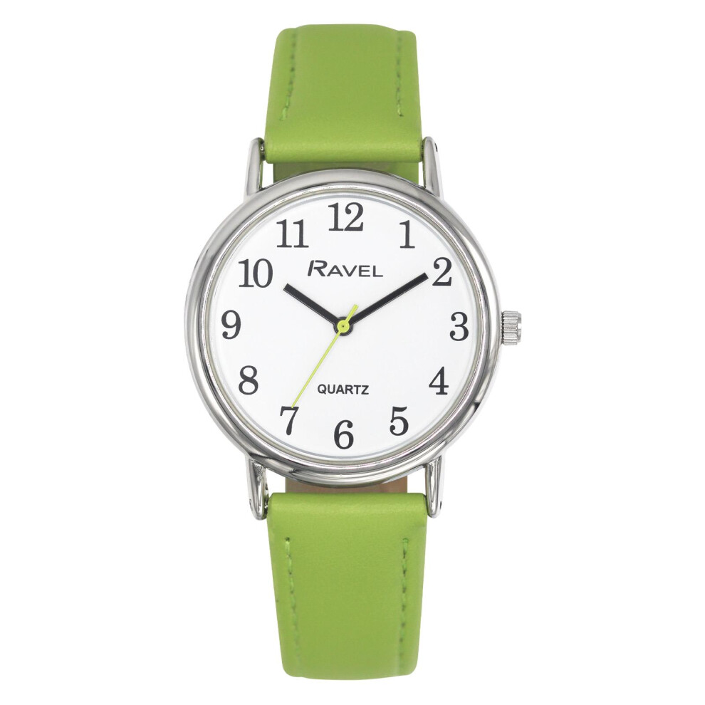 Ravel Ladies Classic Big White Dial Green Leather Strap Watch R0140.21.1 White,Green