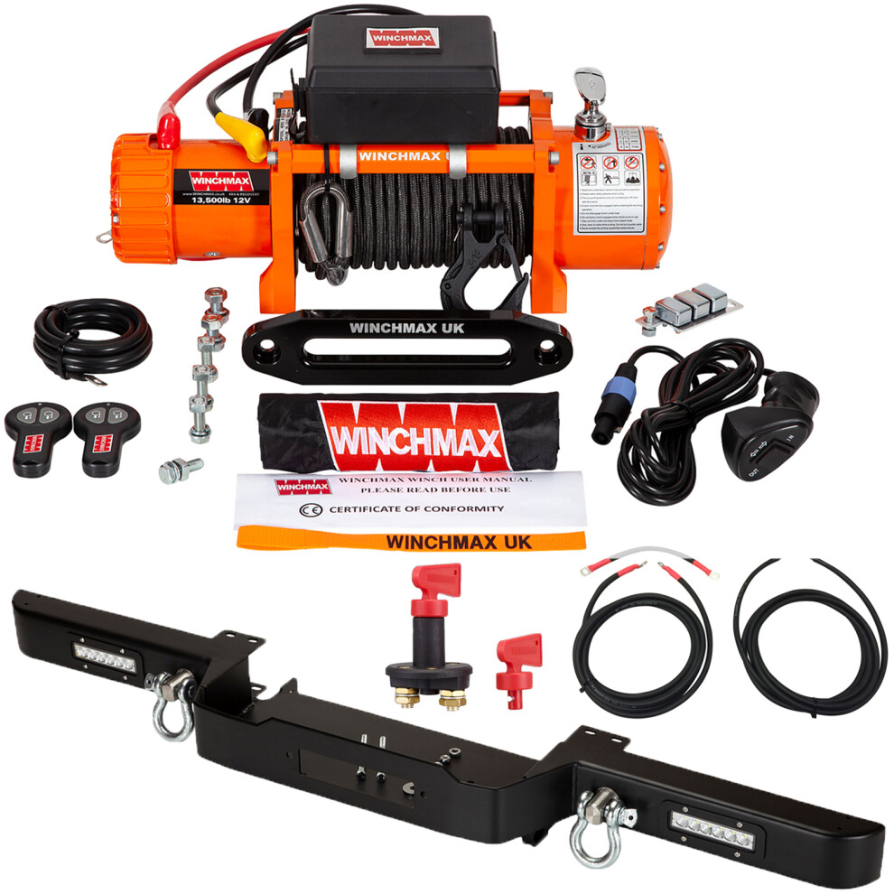 Winchmax 13,500Lb 12V Winch. 25M X10 Mm Armourline Rope. Defender Winch Bumper.