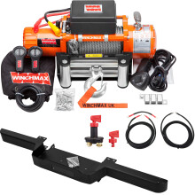 WINCHMAX 13,500lb 12V Winch with 26m x 9.5mm Steel Rope, Defender Bumper & Twin Wireless Remotes (WM1350012V, WMBPRTYP1, WMDEFBATT)