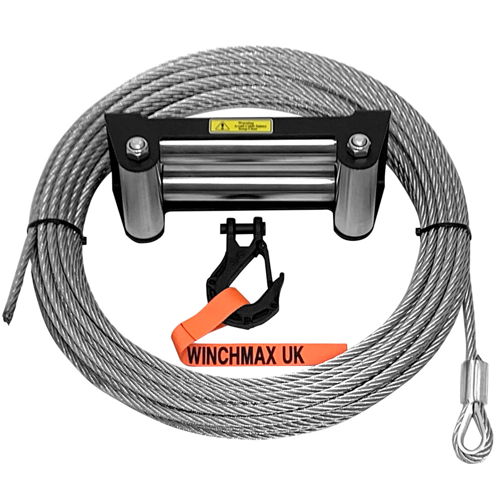 Winchmax Steel Rope 26M X 9.5Mm, Hole Fix. Roller Fairlead. 3/8 Inch Tactical Hook. 5060854570307