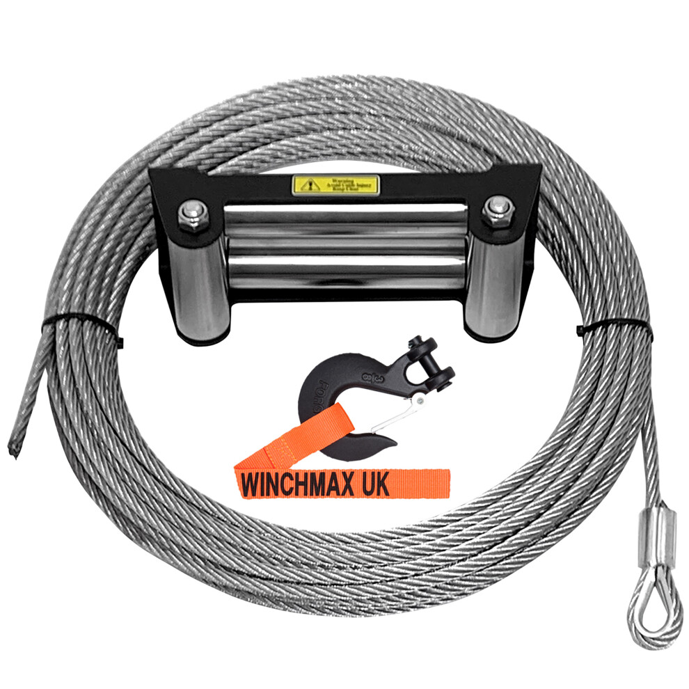 WINCHMAX Wire Rope 26m x 9.5mm, Hole Fix. Roller Fairlead. 3/8 inch Clevis Hook.