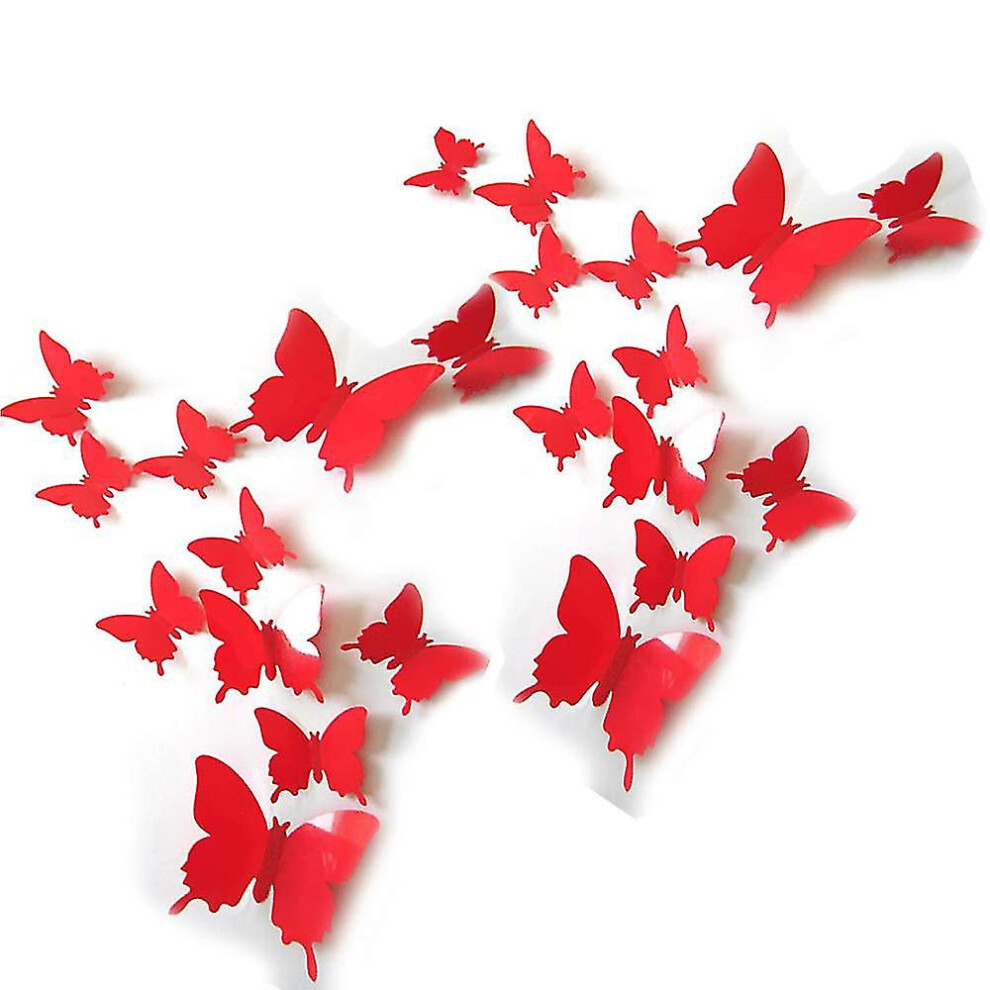 (Red) 24 Pcs Butterfly Wall Decals, 3D Butterflies Removable Mural Stickers Wall Stickers Art Decal For Home Decorations Kids Room Bedroom Nursery Dec Red