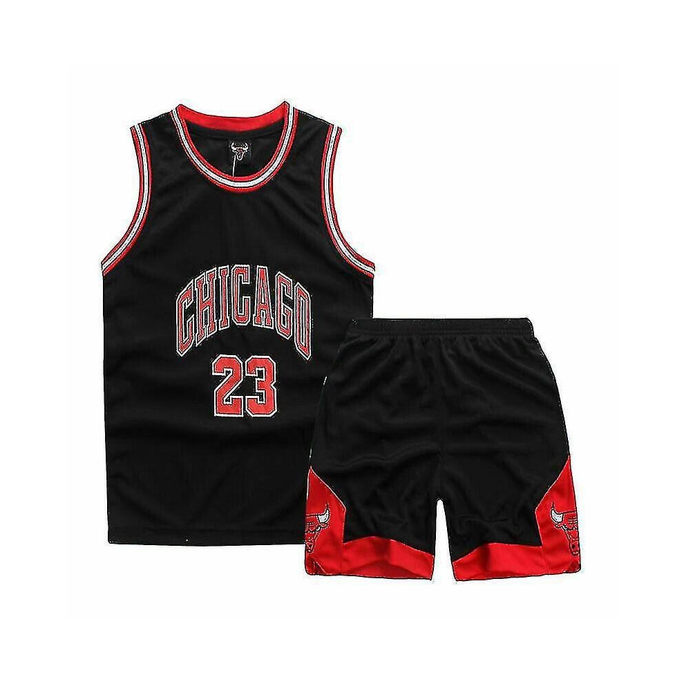 (Black Chicago 23, M 8 to 9 Years) Kids Boys Basketball Kit Suit Training Sport Vest Shirt Shorts Set Tracksuit
