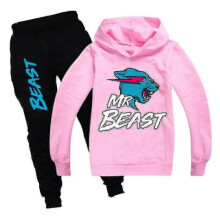 (Pink, 7-8 Years) Beast Cat 's Printed Sportswear Set Casual Hoodie Top+pants Set Behavior-