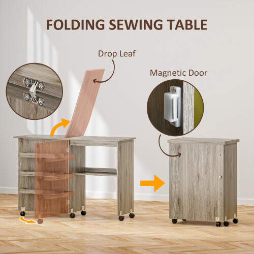 Homcom HOMCOM Folding Sewing Table Rolling Craft Table with Drop Leaf Wheels Grey 1