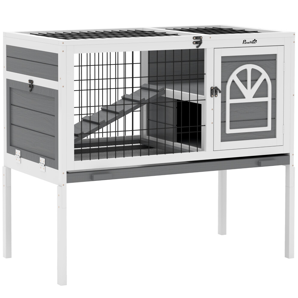 Pawhut Unisex Grey Wooden Rabbit Hutch, Small Animal House W/ Removable Tray, Openable Roof In - Image 3