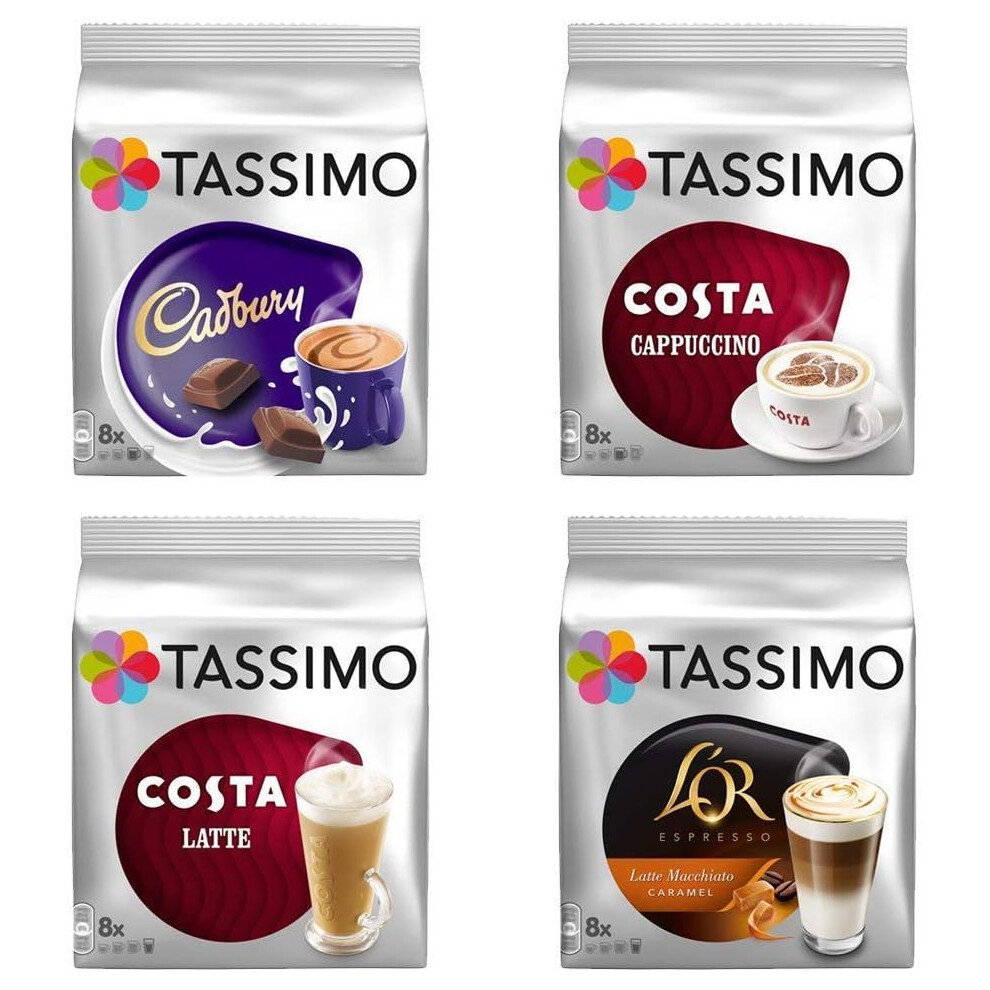 Tassimo Costa Cappuccino + Cadbury + Costa Latte + L'Or Latte Macchiato Caramel x 4 Favourite Packs, Total 56 Discs