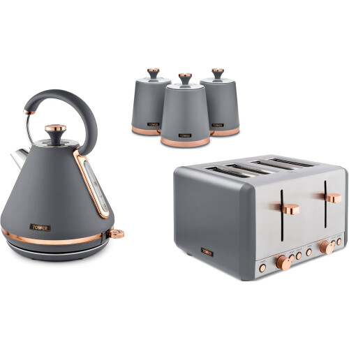 Tower Tower Cavaletto Grey Kettle, 4 Slice Toaster & Canisters Kitchen Set 2