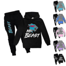 (Black, 7-8 Years) Beast Cat 's Printed Sportswear Set Casual Hoodie Top+pants Set Behavior-
