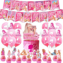 Barbie Movie Theme Party Pink Decoration Supplies Banner Balloons Kit Cake Cupcake Toppers Set