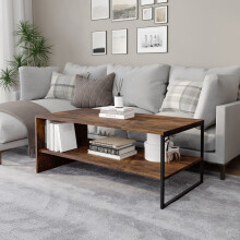 (Rustic Brown) 100cm Wooden Coffee Table Steel Frame Open Storage Shelf Living Room Furniture