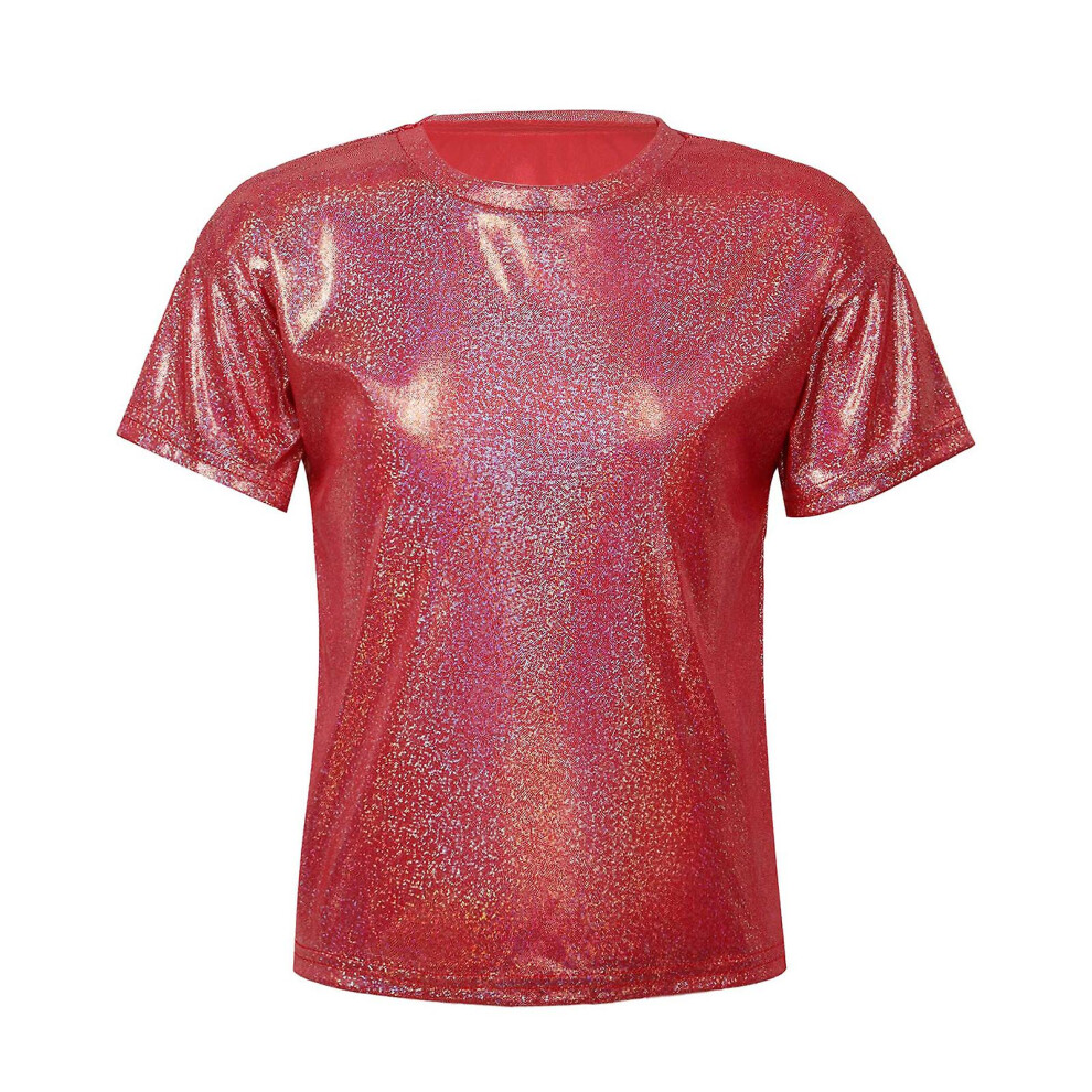 (Red, 140) Kids Girls Sparkly Metallic Shiny T-Shirt Boys Short Sleeves Loose T-Shirt for Jazz Hip Hop Dance Costume Stage Performance-image-OPC-PFX6PNZ-NEW