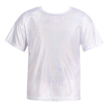 (Silver, 100) Kids Girls Sparkly Metallic Shiny T-Shirt Boys Short Sleeves Loose T-Shirt for Jazz Hip Hop Dance Costume Stage Performance