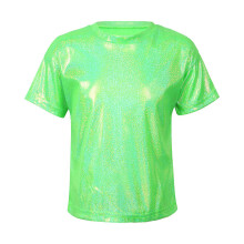 (Fluorescent Green, 120) Kids Girls Sparkly Metallic Shiny T-Shirt Boys Short Sleeves Loose T-Shirt for Jazz Hip Hop Dance Costume Stage Performance