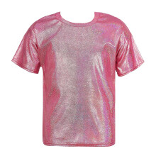 (Rose Red, 140) Kids Girls Sparkly Metallic Shiny T-Shirt Boys Short Sleeves Loose T-Shirt for Jazz Hip Hop Dance Costume Stage Performance