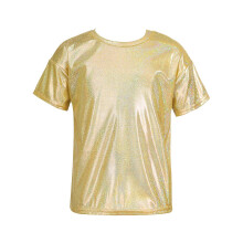 (Gold, 170) Kids Girls Sparkly Metallic Shiny T-Shirt Boys Short Sleeves Loose T-Shirt for Jazz Hip Hop Dance Costume Stage Performance