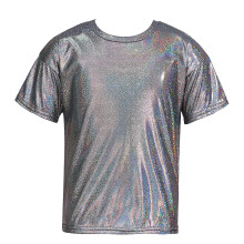 (Black, 140) Kids Girls Sparkly Metallic Shiny T-Shirt Boys Short Sleeves Loose T-Shirt for Jazz Hip Hop Dance Costume Stage Performance