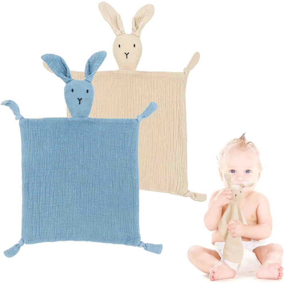 ( Khaki) 2Pcs Organic Cotton Baby Comforter, Soft Muslin Security Blanket Newborn Infant Toy Blanket For Boy Girls Nursery Strollers Cribs Car S Blue