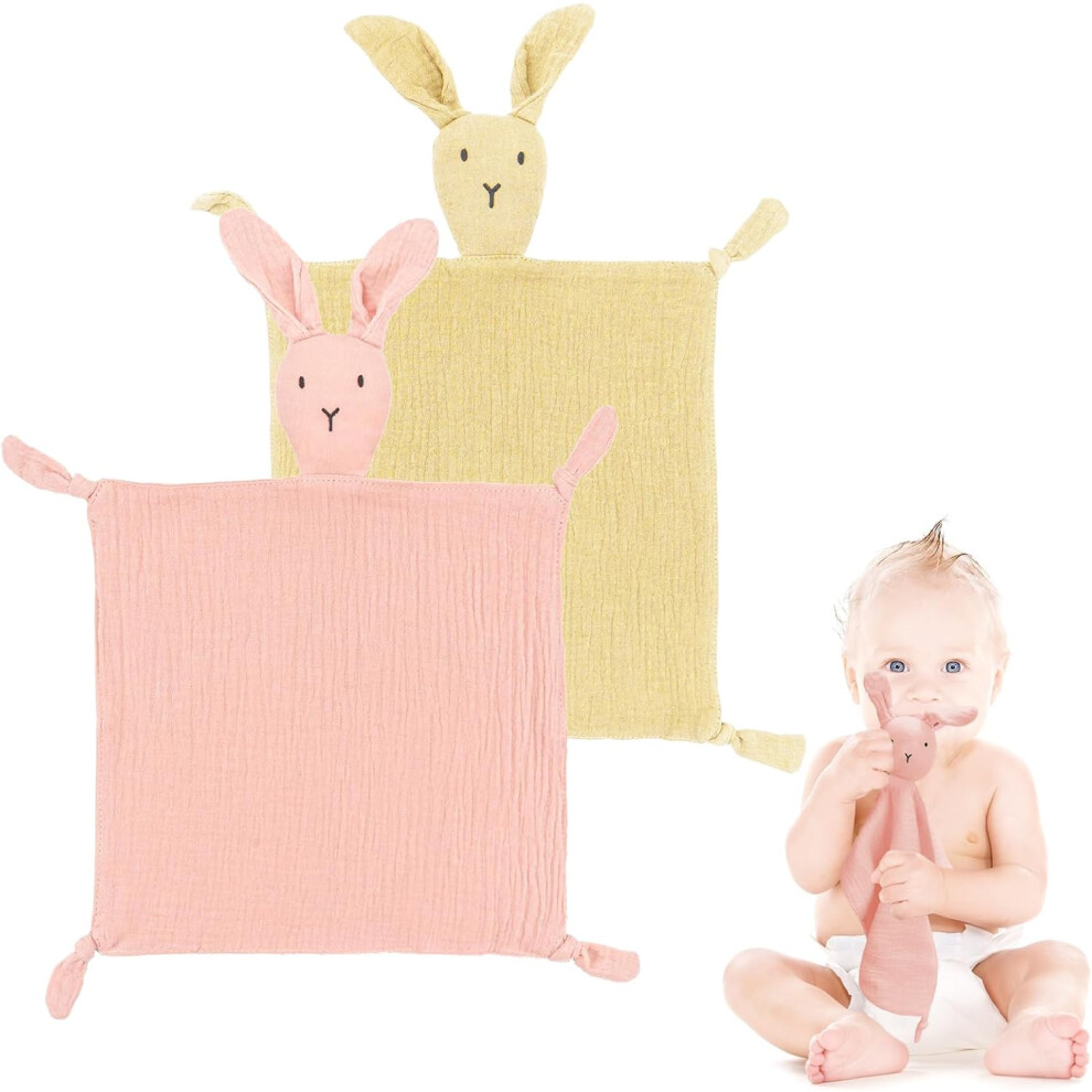 ( Yellow) 2Pcs Organic Cotton Baby Comforter, Soft Muslin Security Blanket Newborn Infant Toy Blanket For Boy Girls Nursery Strollers Crib Pink/Light/Yellow