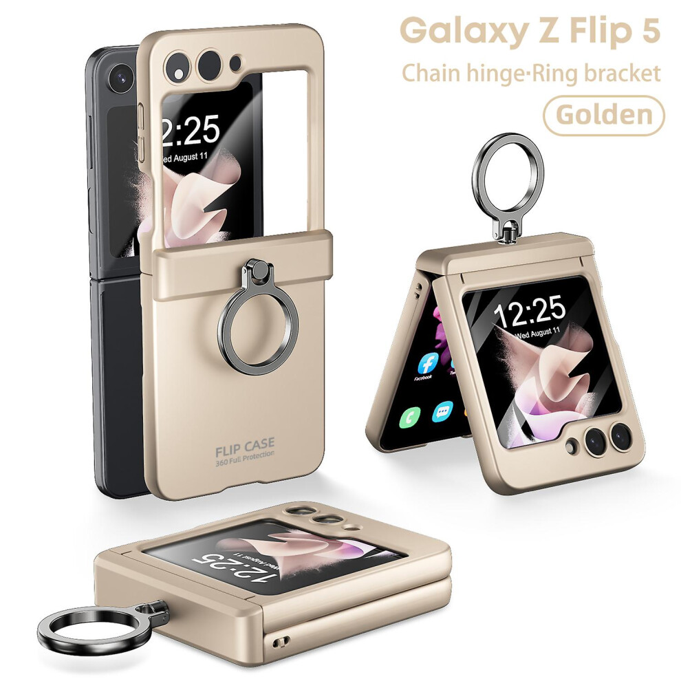 (Gold) Z Flip 5 Case With Ring,Hinge Protection Built-In Glass Camera Screen Protector Case For Samsung Galaxy Z Flip 5 Gold 8715748512389