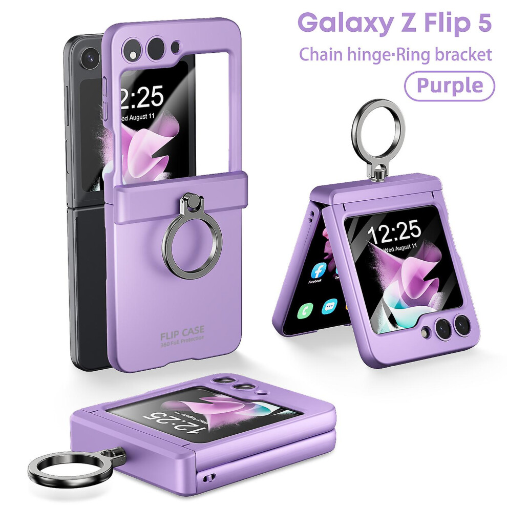 (Purple) Z Flip 5 Case With Ring,Hinge Protection Built-In Glass Camera Screen Protector Case For Samsung Galaxy Z Flip 5 Purple 8715748512402