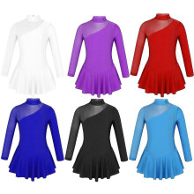 (Black, 6) Girls Figure Ice Skating Competition Dress, Long Sleeves Tulle Splice Cutouts