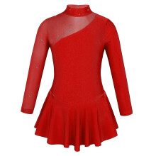 (Red, 6) Girls Figure Ice Skating Competition Dress, Long Sleeves Tulle Splice Cutouts