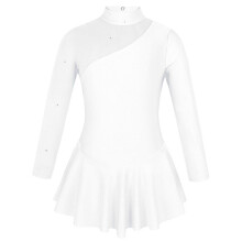 (White, 6) Girls Figure Ice Skating Competition Dress, Long Sleeves Tulle Splice Cutouts
