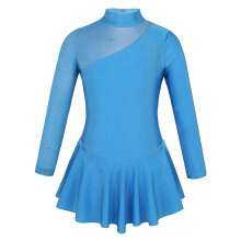 (Blue, 6) Girls Figure Ice Skating Competition Dress, Long Sleeves Tulle Splice Cutouts