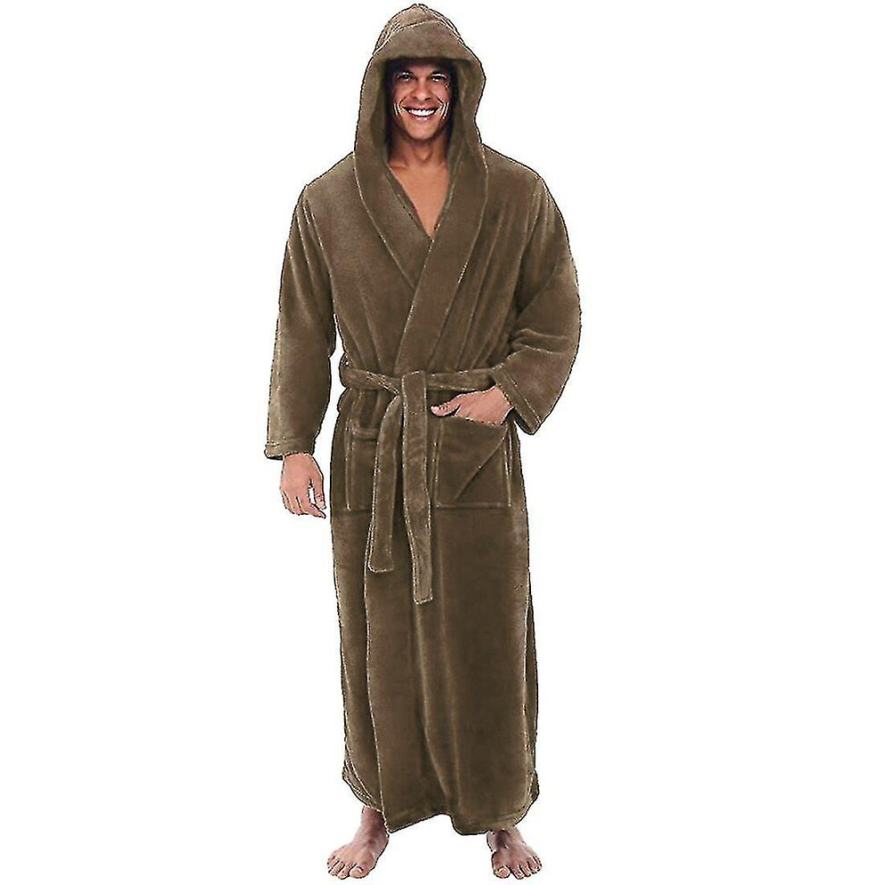 (, 3XL) Flannel Male With Hooded, Thick Warm Gown Robe, Bathrobe Extra Long Kimono Brown
