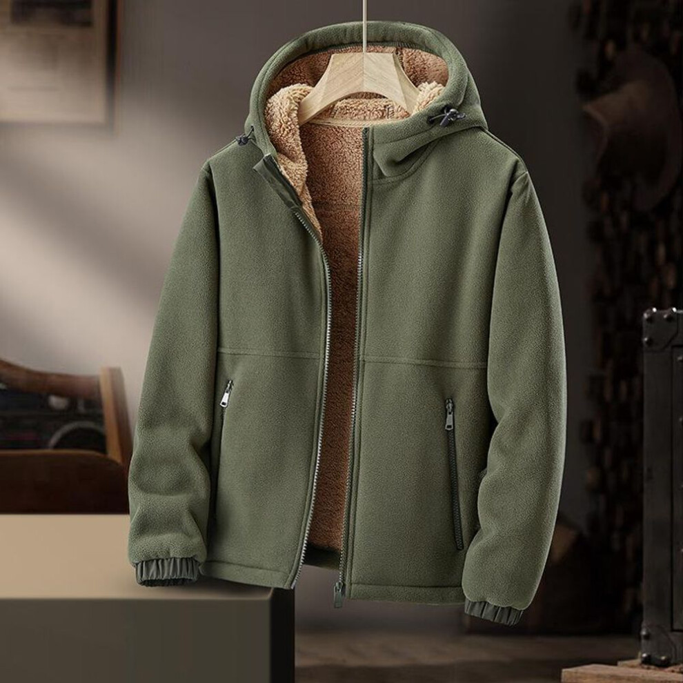 (army green, XXXXL) Fleece Jacket for Men, Autumn and Winter Cotton Jacket, Cardigan with Thick Wool and Lamb Wool Hooded Jacket
