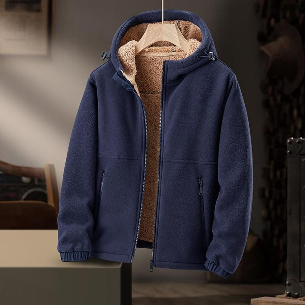 (navy blue, XXXXXL) Fleece Jacket for Men, Autumn and Winter Cotton Jacket, Cardigan with Thick Wool and Lamb Wool Hooded Jacket