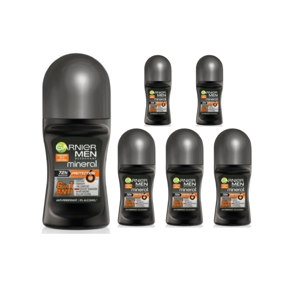 New Garnier Men's (6 X Protection ) 6 X 50Ml Mineral Antiperspirant Roll On 48H Deodorant (6 Types)