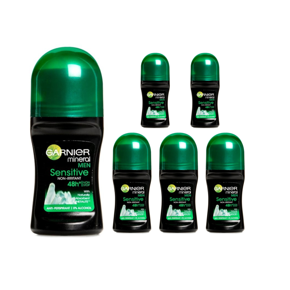 Garnier Men's (6 X Sensitive ) 6 X 50Ml Mineral Antiperspirant Roll On 48H Deodorant (6 Types)