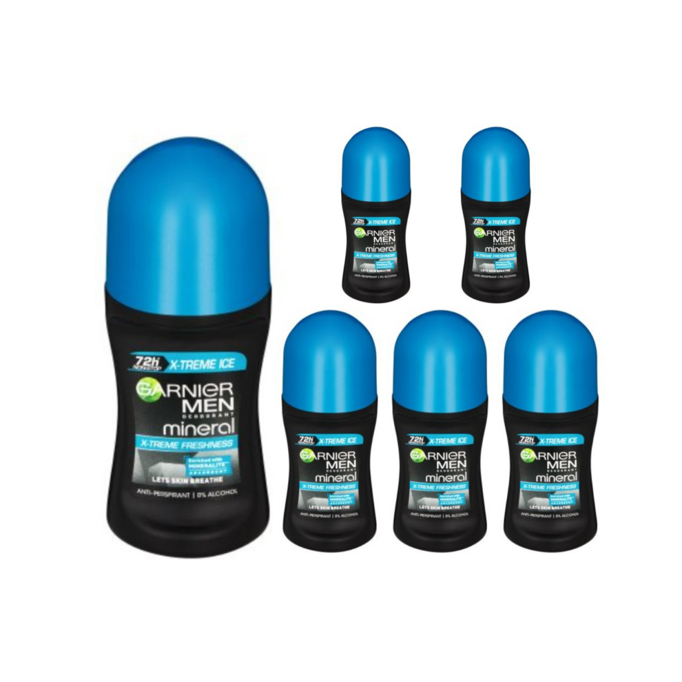 Garnier Men's (6 X X-Treme Ice) 6 X 50Ml Mineral Antiperspirant Roll On 48H Deodorant (6 Types)