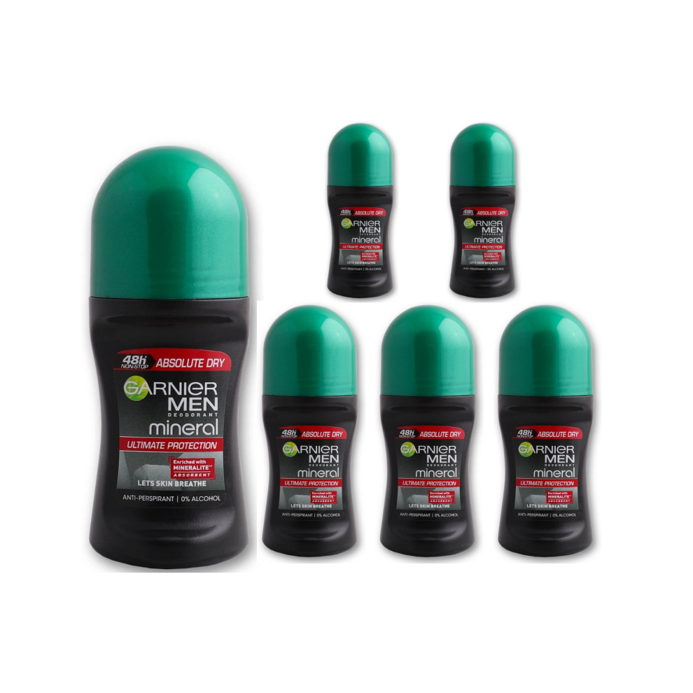 Garnier Men's (6 X Absolute Dry) 6 X 50Ml Mineral Antiperspirant Roll On 48H Deodorant (6 Types)