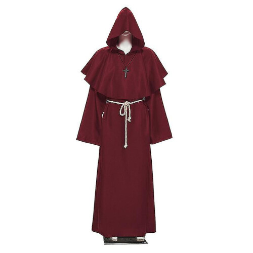 (Burgundy, L) Halloween Cosplay Antique Medieval Friar Robe Wizarding ...