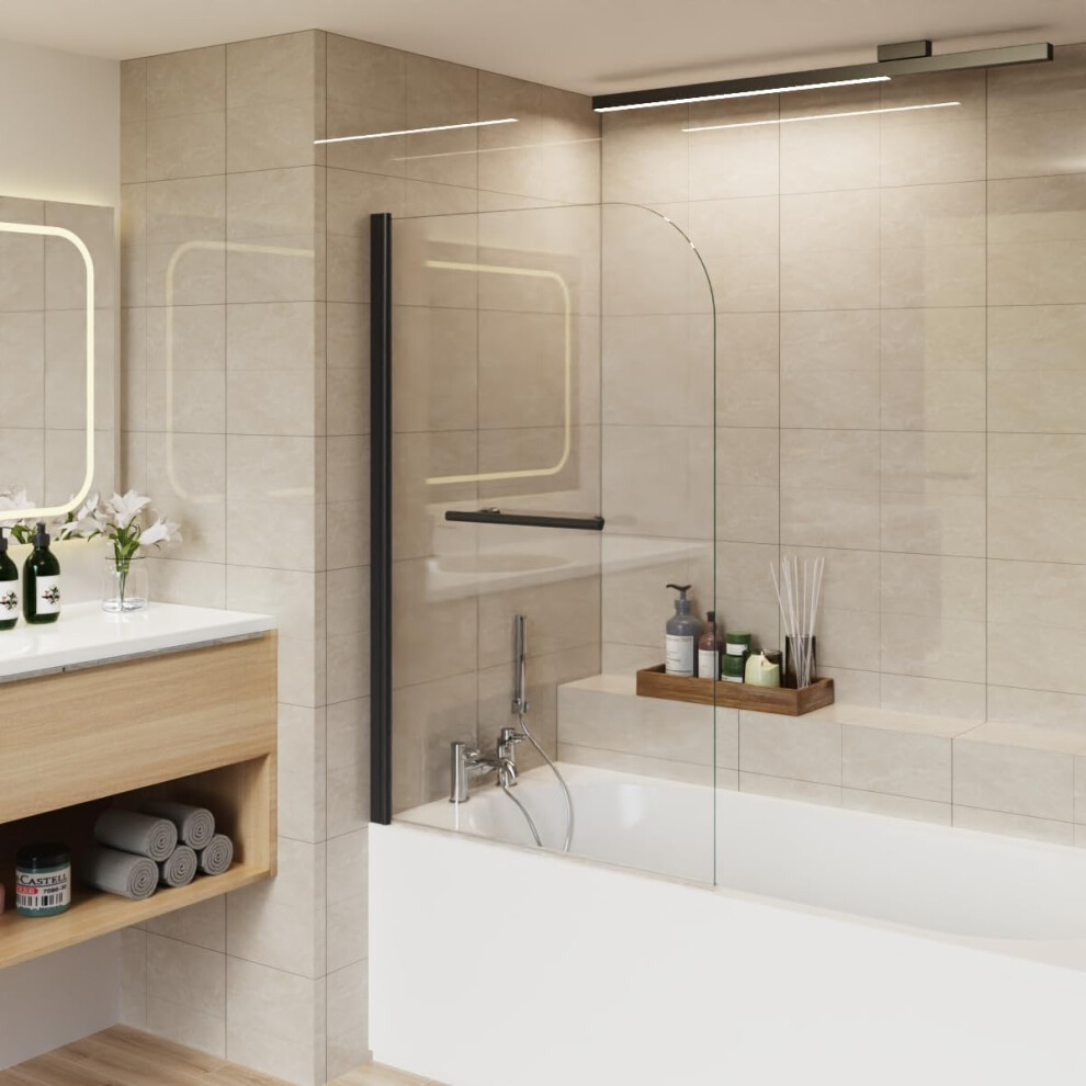Aquariss 800X1400 Bath Screen Pivot Bath Shower Easy Clean Glass Screen Reversible Door Panel Black With Towel Rail 8000000010506