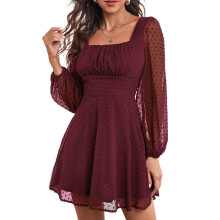 (winered, m) Women Swiss Dot Mini Short Dress Square Neck Mesh Lantern Long Sleeve Chiffon Mini Dress For Wedding Guest
