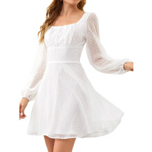 (white, l) Women Swiss Dot Mini Short Dress Square Neck Mesh Lantern Long Sleeve Chiffon Mini Dress For Wedding Guest
