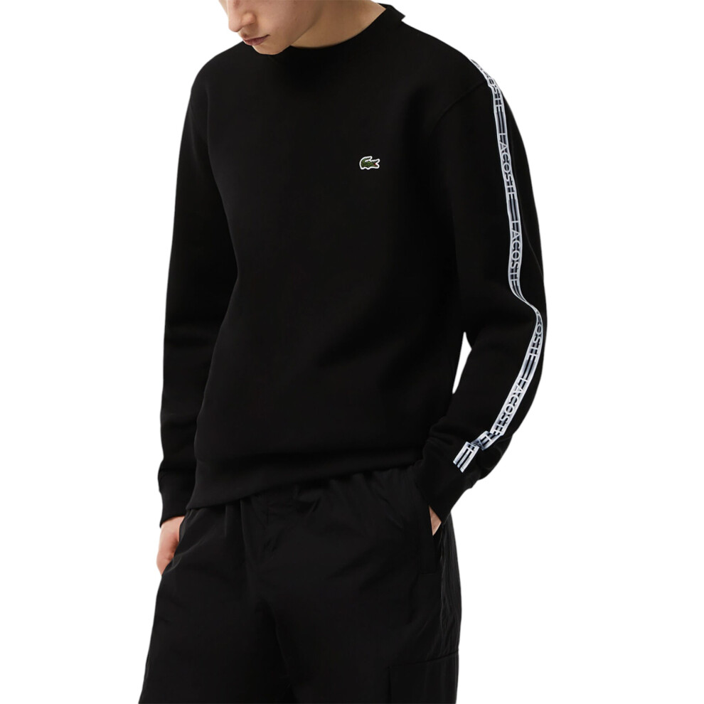 (Black, Medium) Lacoste Logo Stripe Crew Neck Fleece Sweatshirt