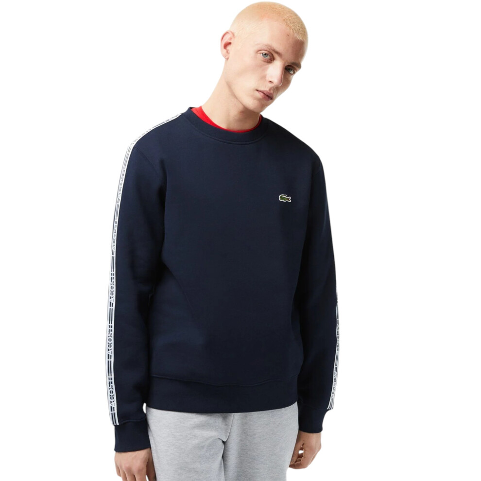 (Navy, Medium) Lacoste Logo Stripe Crew Neck Fleece Sweatshirt