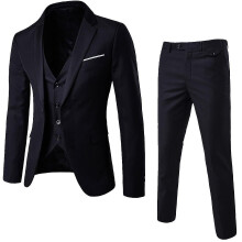 (Black, S) Men's 3 Piece Slim Fit Suit Set One Button Solid Jacket Vest Pants Business Set-yky