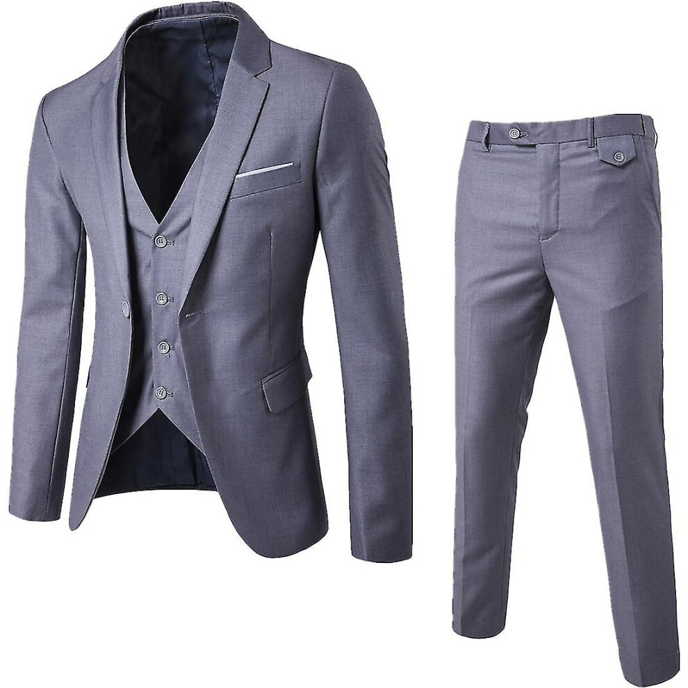 (Grey, S) Men's 3 Piece Slim Fit Suit Set One Button Solid Jacket Vest Pants Business Set-yky